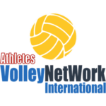 volleynetwork international athletes - main logo - an orange volleyball with white stitching and blue and red lettering